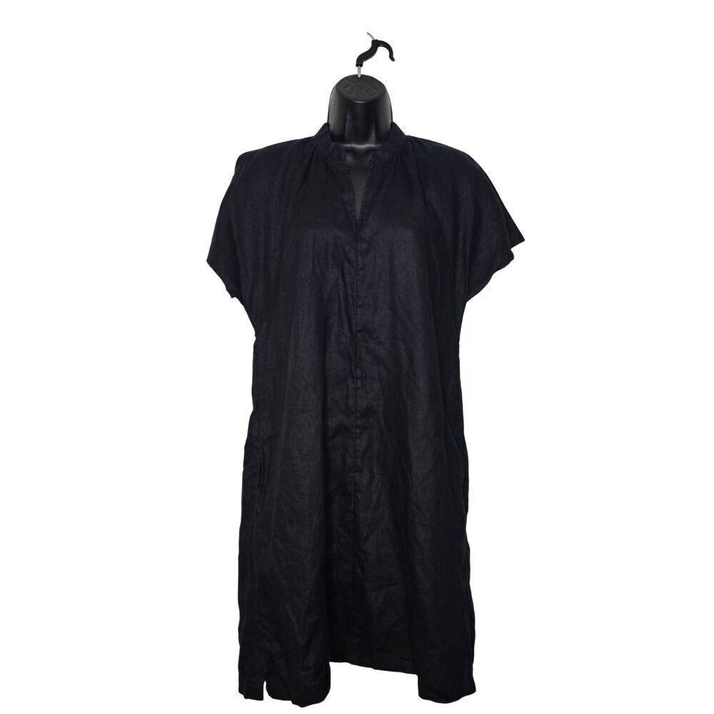 Lands End 100% Linen Dress Size Small Dolman Black V-Neck Classic Resort